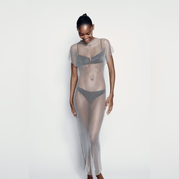 ZARA RHINESTONE MESH MIDI DRESS - Picture 10 of 11